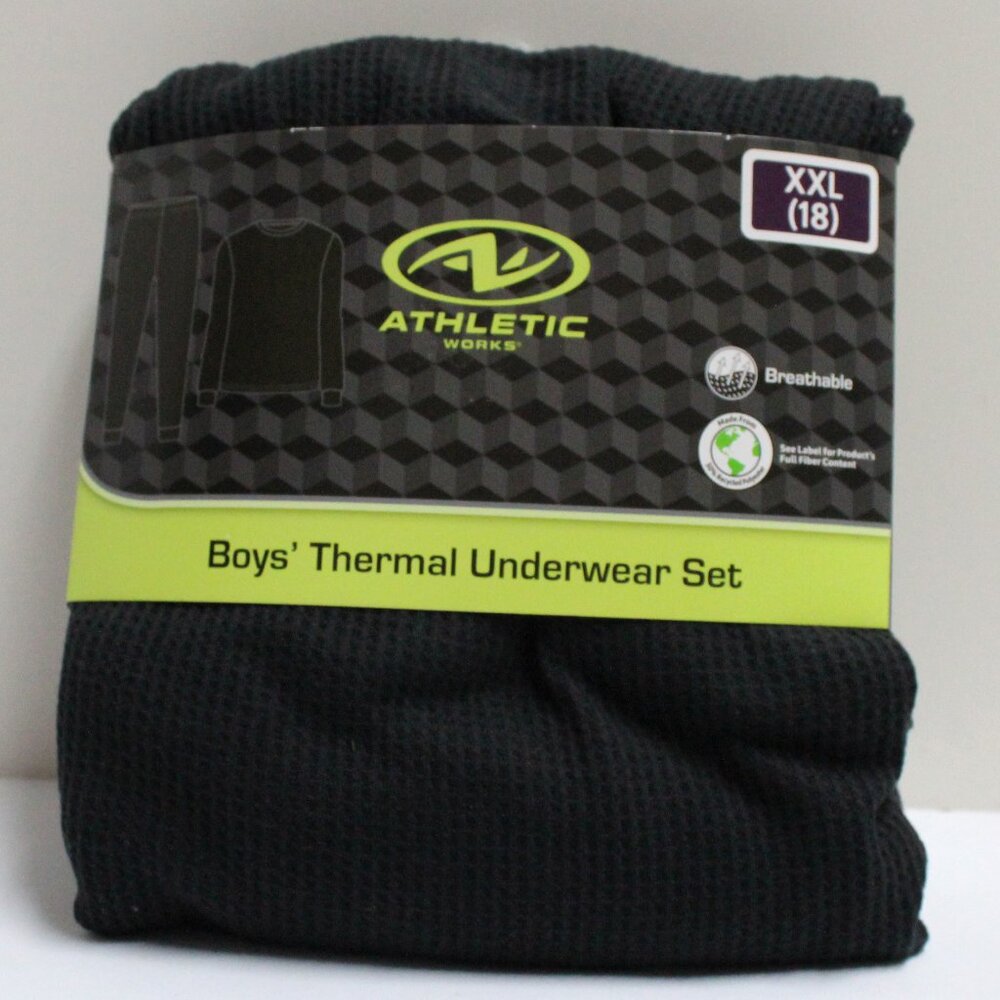 Athletic Works Black XXL (18) Boys Waffle Style Thermal Underwear Set